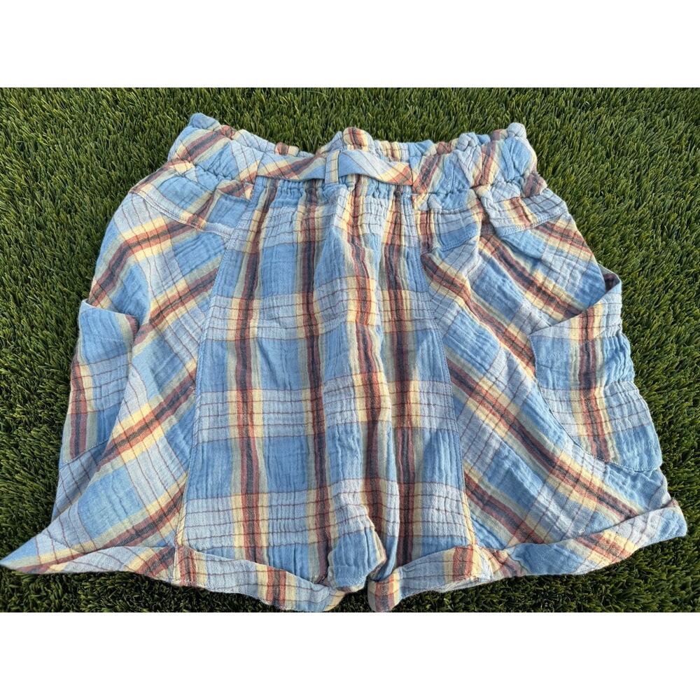New Free People Las Palmas Sailor Shorts Size S Blue Brown Plaid - Picture 4 of 5